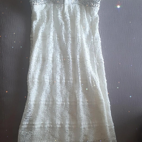 Mini Off-White Sheer Dress with Lace Overlay, Built-In Bustier, Cup Size 34B/C - Picture 3 of 6